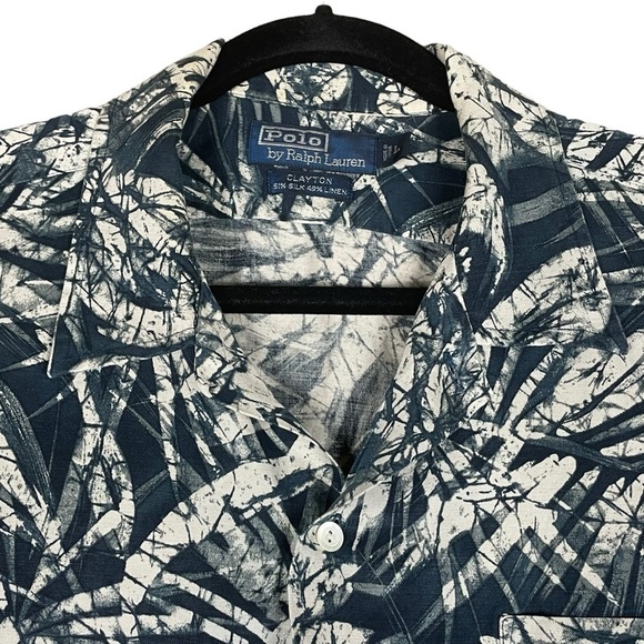 Polo Ralph Lauren Clayton Blue Linen Silk Palm Tree Hawaiian Button Shirt Sz L - Picture 4 of 12